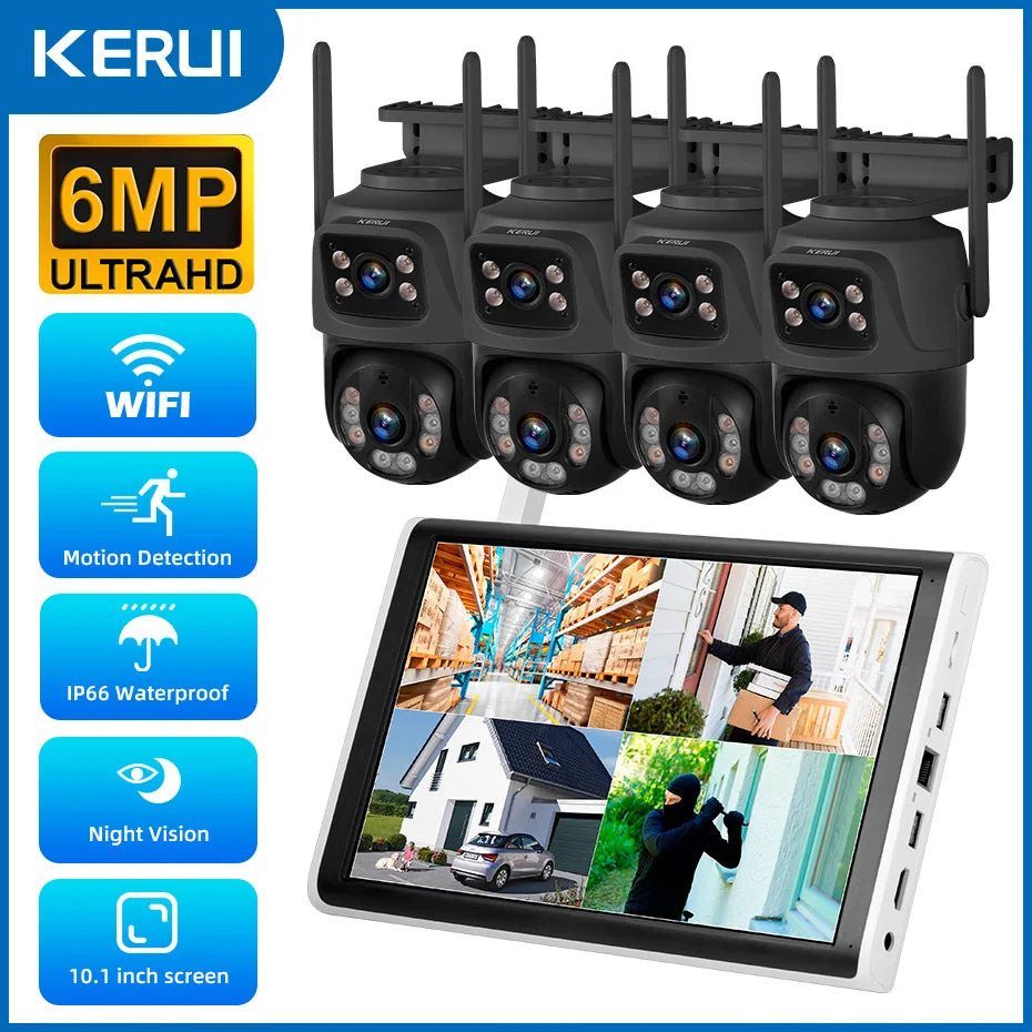 KERUI Wireless 6MP WIFI IP Dual Lens Camera 8CH NVR Kit Home Security System Surveillance Video Recorder 10.1 inch LCD Monitor - Home Smart Direct