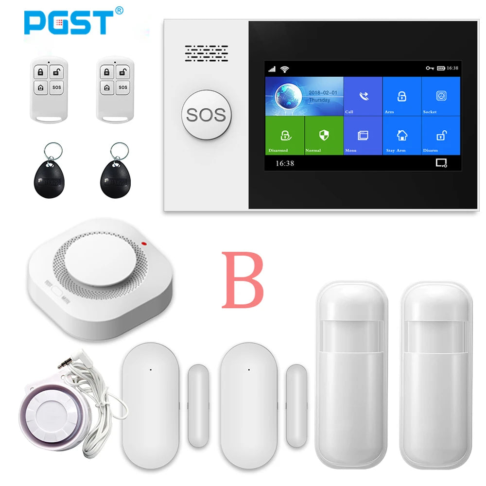PGST PG107 Tuya Alarm System 4.3 inch Screen WIFI GSM GPRS Burglar Home Security With PIR Motion Sensor Fire Smoke Detector - Home Smart Direct