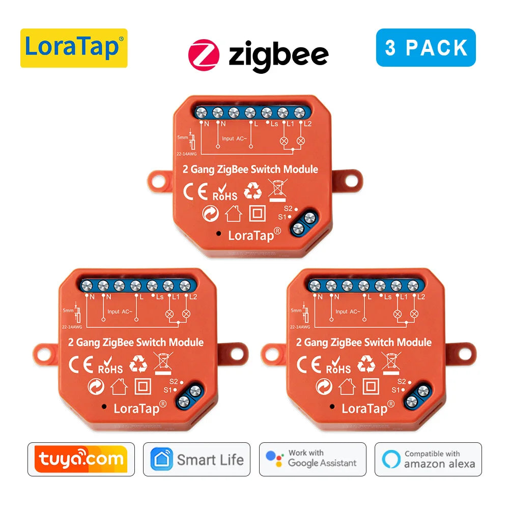 LoraTap Tuya ZigBee 3.0 2 Gang Light Switch Relay Module Google Home Alexa Echo Remote Control Work with Zigbee2MQTT DIY - Home Smart Direct