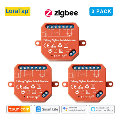 LoraTap Tuya ZigBee 3.0 2 Gang Light Switch Relay Module Google Home Alexa Echo Remote Control Work with Zigbee2MQTT DIY - Home Smart Direct
