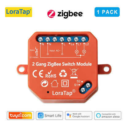 LoraTap Tuya ZigBee 3.0 2 Gang Light Switch Relay Module Google Home Alexa Echo Remote Control Work with Zigbee2MQTT DIY - Home Smart Direct