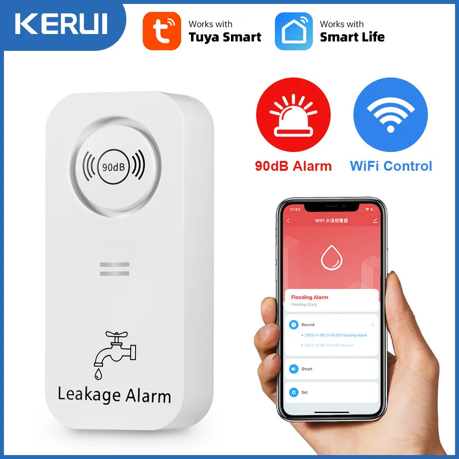 KERUI Tuya Smart Wireless Water Sensor Alarm 90db Water Leakage Detector Leak Alert Monitoring Leak and Drip Alarm For House - Home Smart Direct