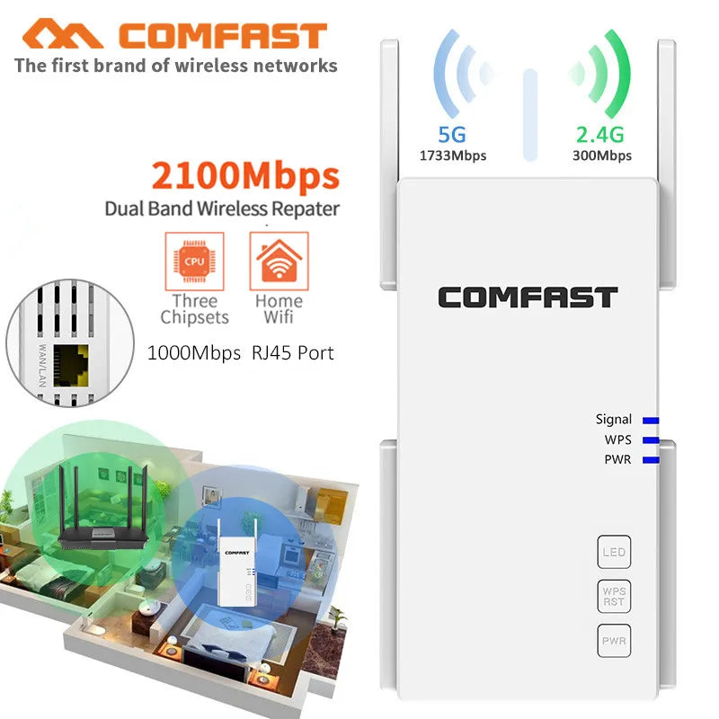 2100Mbps Dual Band WiFi Repeater 2.4G 5G Gigabit Extender Booster