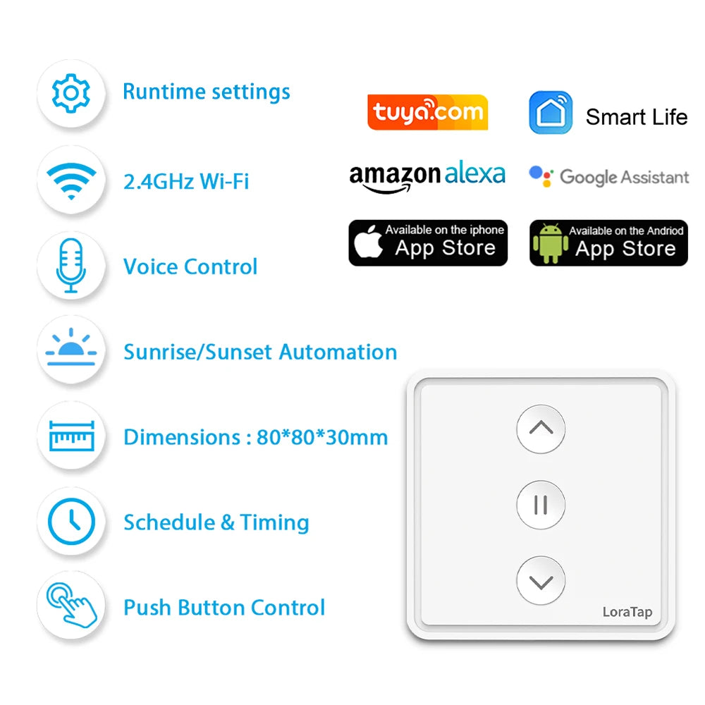 LoraTap Roller Shutter Curtains Blinds Push Button Switch Tuya Smart Life Electric Motor Engine Connected WiFi Alexa Google Home - Home Smart Direct