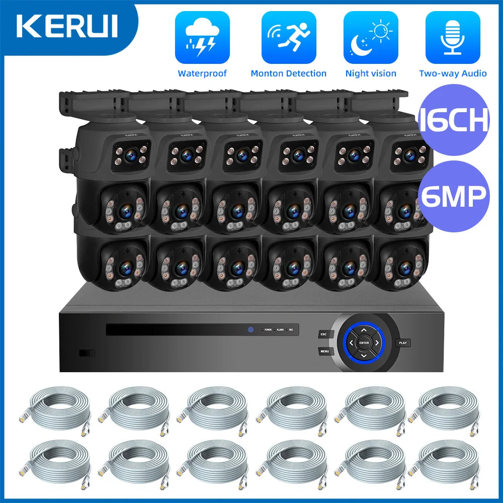 KERUI 6MP POE Surveillance System Dual Lens PTZ POE Security Camera System 16CH NVR Video Surveillance Kit XMEYE Two Way Audio - Home Smart Direct