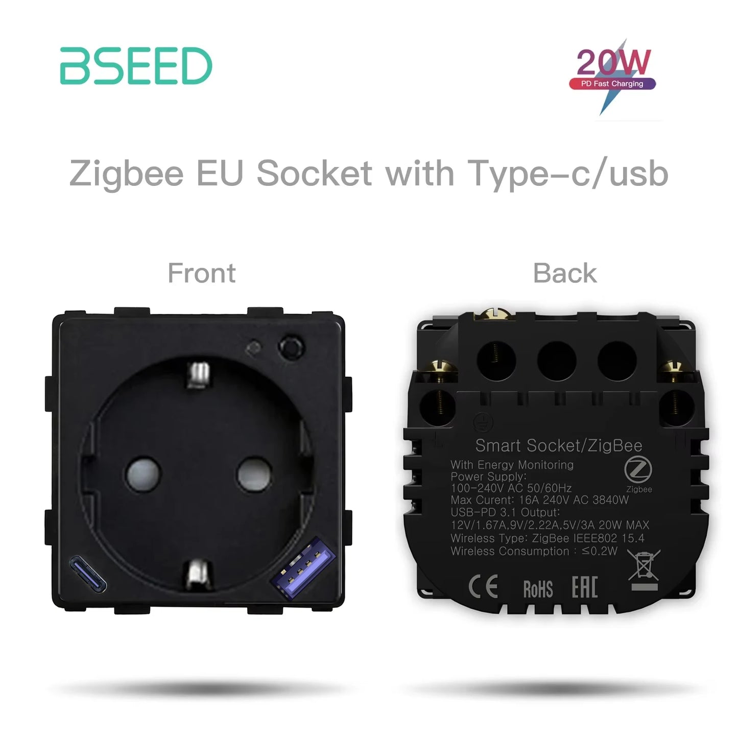 Smart Zigbee Wall Socket with Power Monitor and DIY Parts