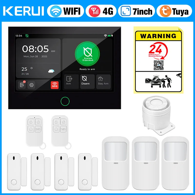 KERUI 4G+WiFi Burglary Protection Alarm System with 7 inch IPS Touch Screen Tuya Smart Home Alarm for House Apartment Security - Home Smart Direct
