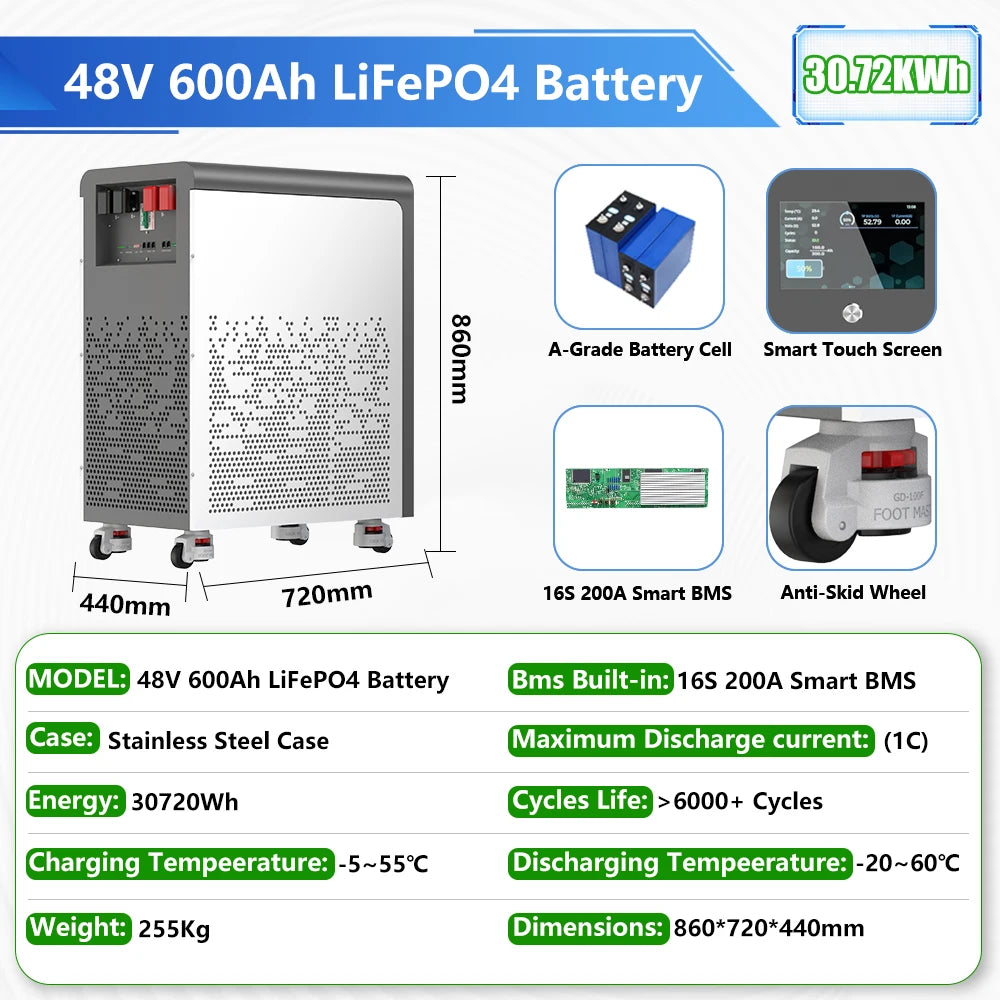 Large Capacity LiFePO4 Solar Storage Battery with Smart BMS