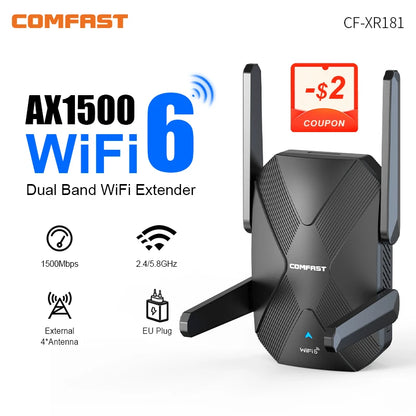 AX1500 WiFi6 Repeater Long Range Extender with Four Antennas