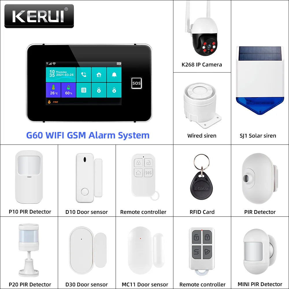 KERUI G60B Tuya Alarm Panel Temperature and Humidity WIFI GSM Alarm System for Home Security DIY Alarm Kit with Motion Sensors - Home Smart Direct