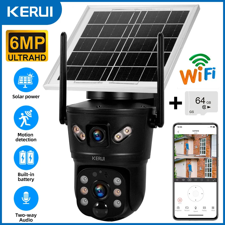 KERUI Outdoor 6MP Solar IP Camera WIFI Version Solar Panel Waterproof Dual Lens Camera Home Security Surveillance CCTV Video - Home Smart Direct