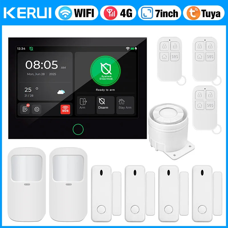 KERUI NEW 4G+WiFi Wireless Home Alarm with 7 inch Large IPS Touch Screen Tuya Smart Alarm System with Motion Sensor for House - Home Smart Direct