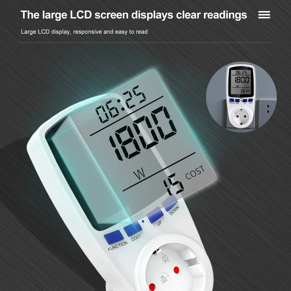 Energy Measuring Plug AC Wattmeter Socket Power Meter LCD Energy Measuring Outlet EU Plug ...