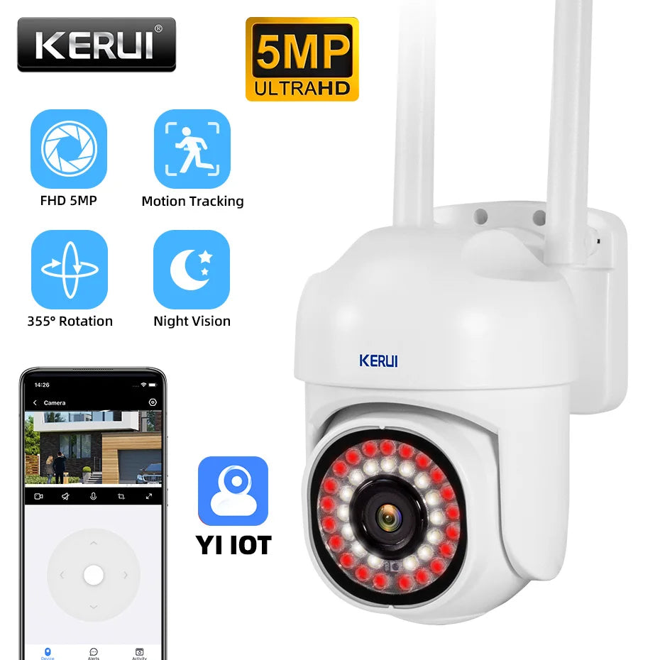 KERUI 5MP Auto-tracking PTZ IP Camera WiFi for Outdoor Ai Detection Alert CCTV Camera Color IR Light Audio Video Surveillance - Home Smart Direct