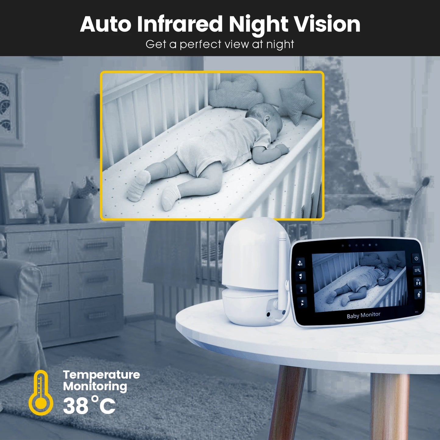 Wireless Baby Monitor with IPS Screen PTZ Camera and Temperature Display