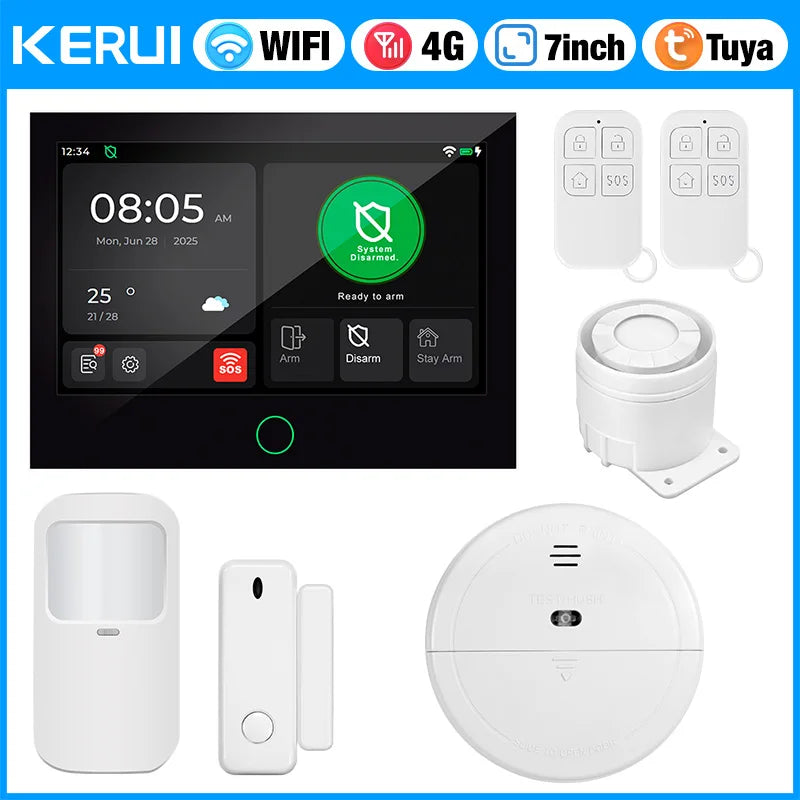 KERUI NEW 4G+WiFi Wireless Home Alarm with 7 inch Large IPS Touch Screen Tuya Smart Alarm System with Motion Sensor for House - Home Smart Direct
