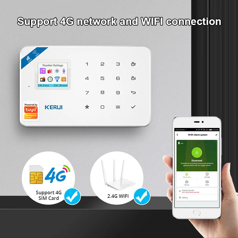 KERUI W184 Tuya Smart 4G Alarm System Wireless WIFI GSM Alarm Motion Detector Door Sensor Burglar Support Alexa&Google - Home Smart Direct