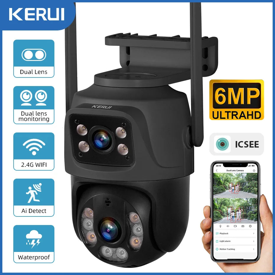 KERUI 6MP HD PTZ WiFi IP Camera Outdoor Wireless Dual Lens Camera Onvif Home Security Surveillance CCTV Video Human Detect Icsee - Home Smart Direct