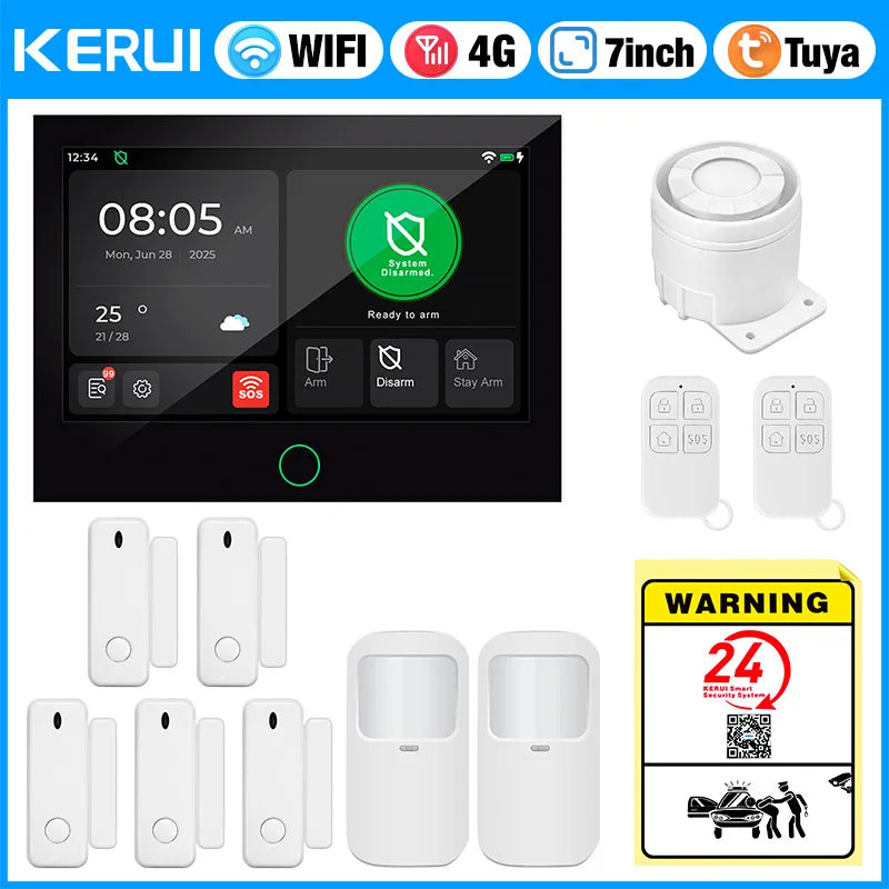 KERUI 4G/WiFi Home Alarm System with 7 Inch Touch Screen Tuya Smart Wireless Home Burglar Alarm with Motion Detector Door Sensor - Home Smart Direct