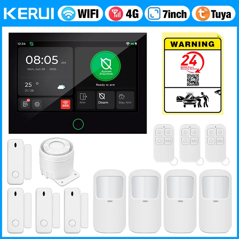 KERUI 4G+WiFi Burglary Protection Alarm System with 7 inch IPS Touch Screen Tuya Smart Home Alarm for House Apartment Security - Home Smart Direct