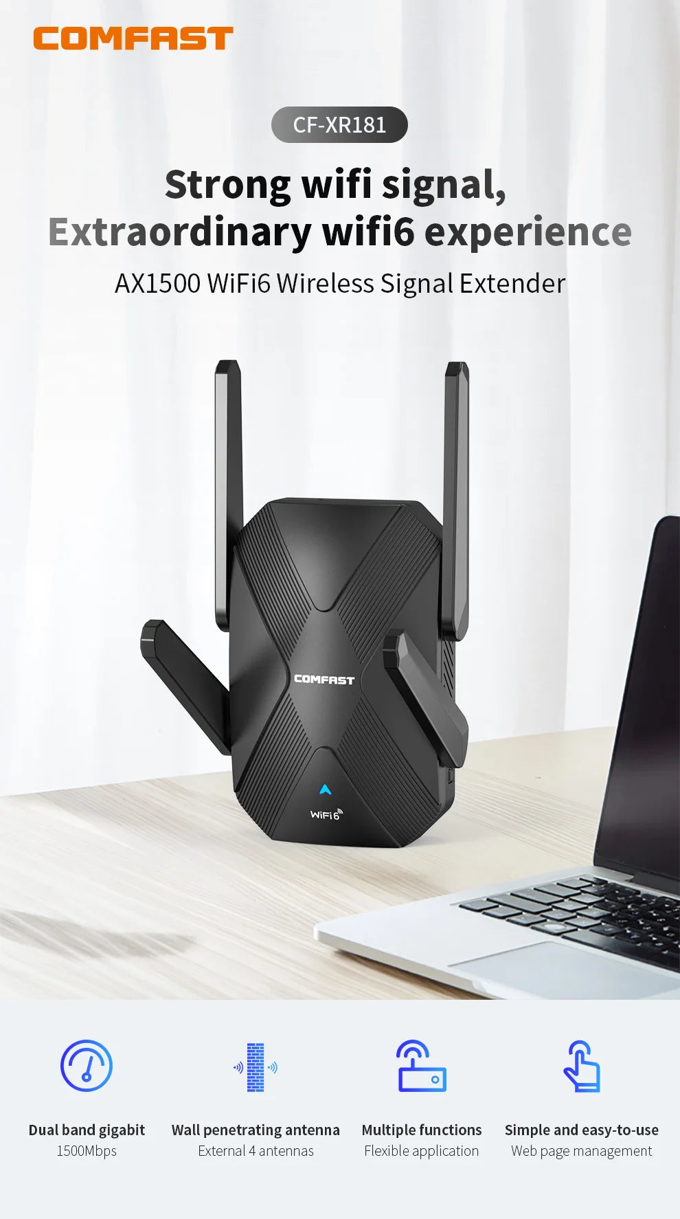 WiFi6 AX1500 AX3000 Repeater Gigabit Long Range WiFi Extender