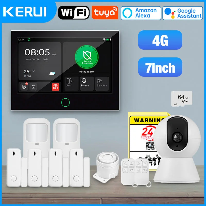 KERUI 4G/WiFi Home Alarm System with 7 Inch Touch Screen Tuya Smart Wireless Home Burglar Alarm with Motion Detector Door Sensor - Home Smart Direct