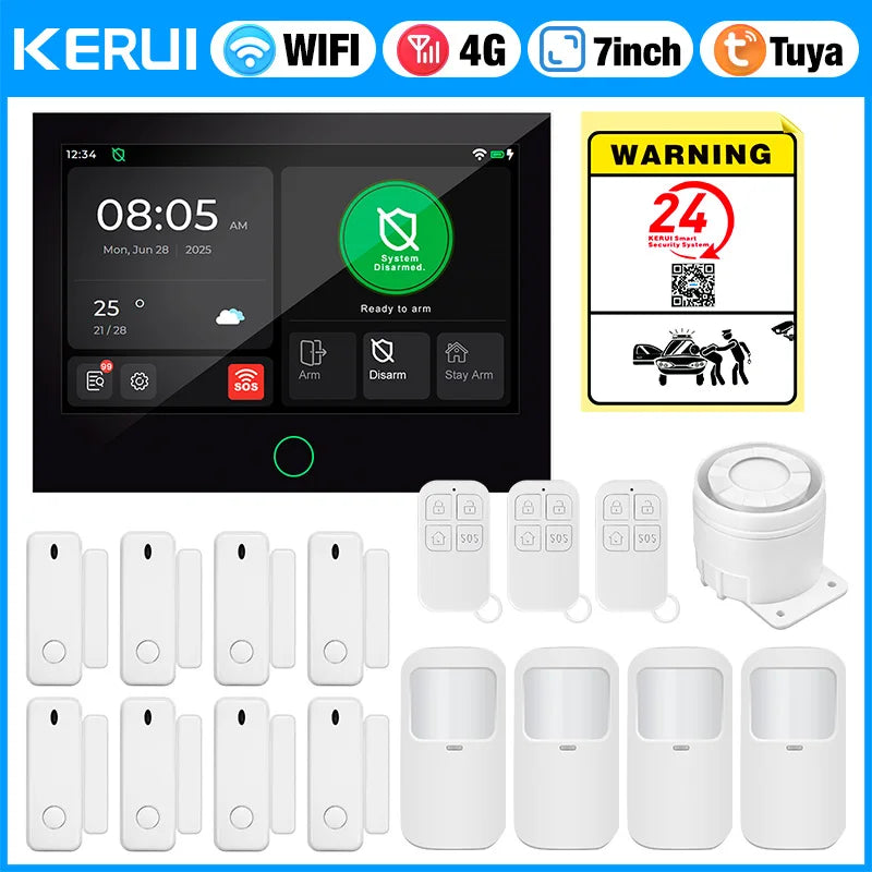 KERUI 4G/WiFi Home Alarm System with 7 Inch Touch Screen Tuya Smart Wireless Home Burglar Alarm with Motion Detector Door Sensor - Home Smart Direct