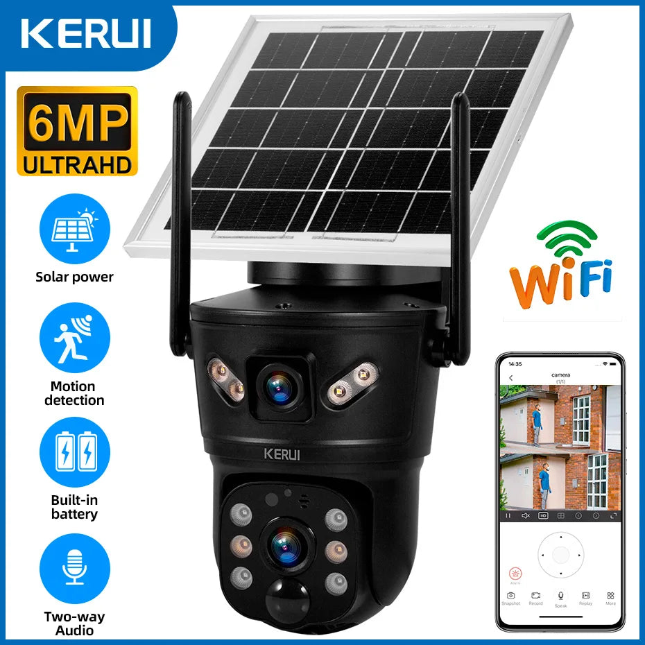 KERUI Outdoor 6MP Solar Camera 4G SIM WIFI Solar Panel Dual Lens Camera Waterproof Home Security CCTV Video Surveillance V380pro - Home Smart Direct