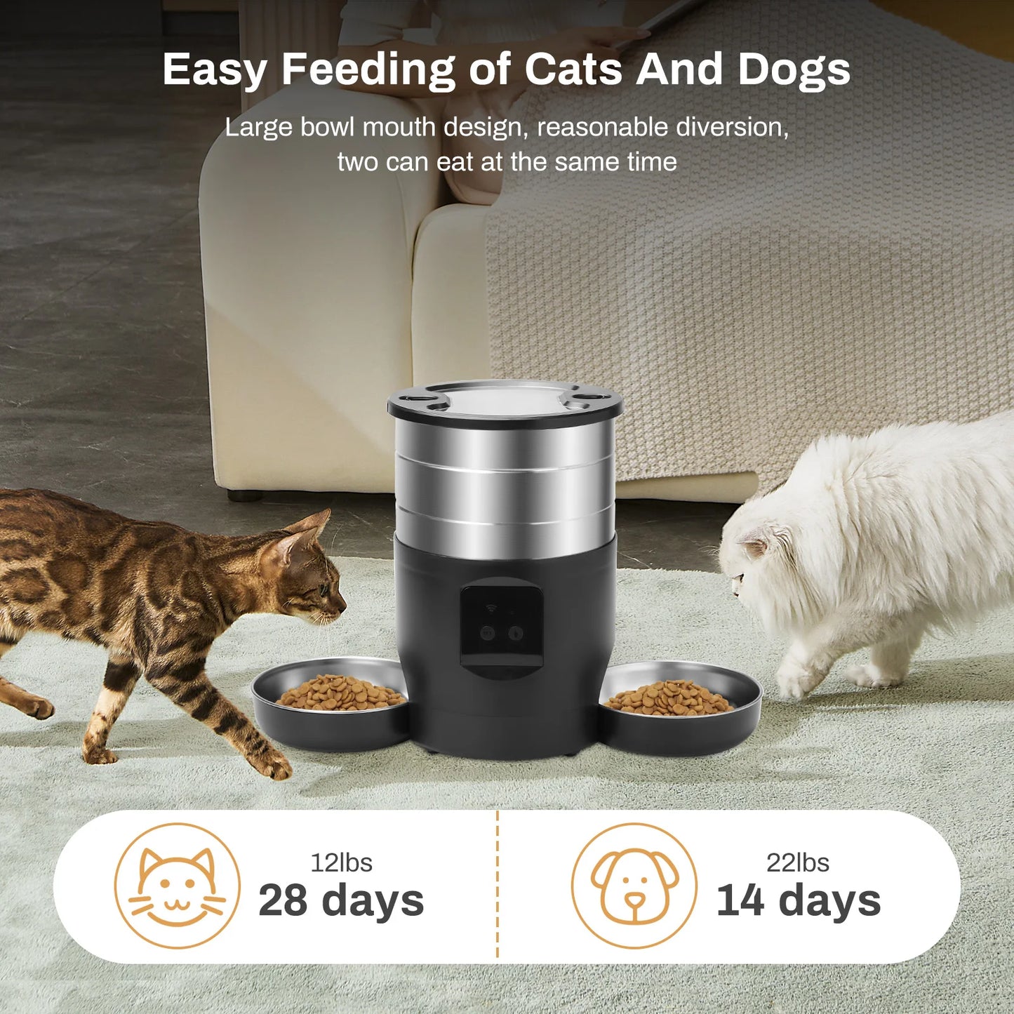 WiFi Automatic Cat Feeder with Dual Stainless Steel Bowls