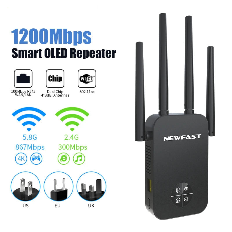 1200Mbps WiFi Repeater OLED Long Range 5GHz Signal Extender