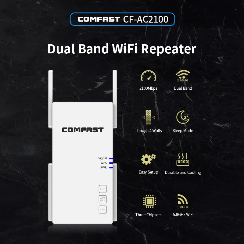 2100Mbps Dual Band WiFi Repeater 2.4G 5G Gigabit Extender Booster