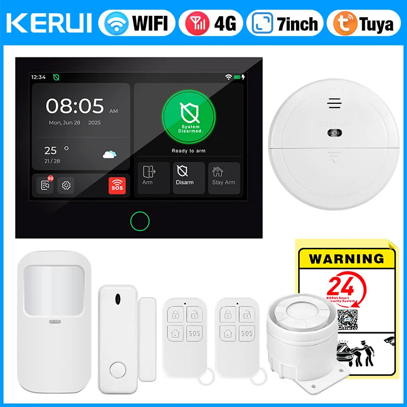 KERUI 4G+WiFi Burglary Protection Alarm System with 7 inch IPS Touch Screen Tuya Smart Home Alarm for House Apartment Security - Home Smart Direct