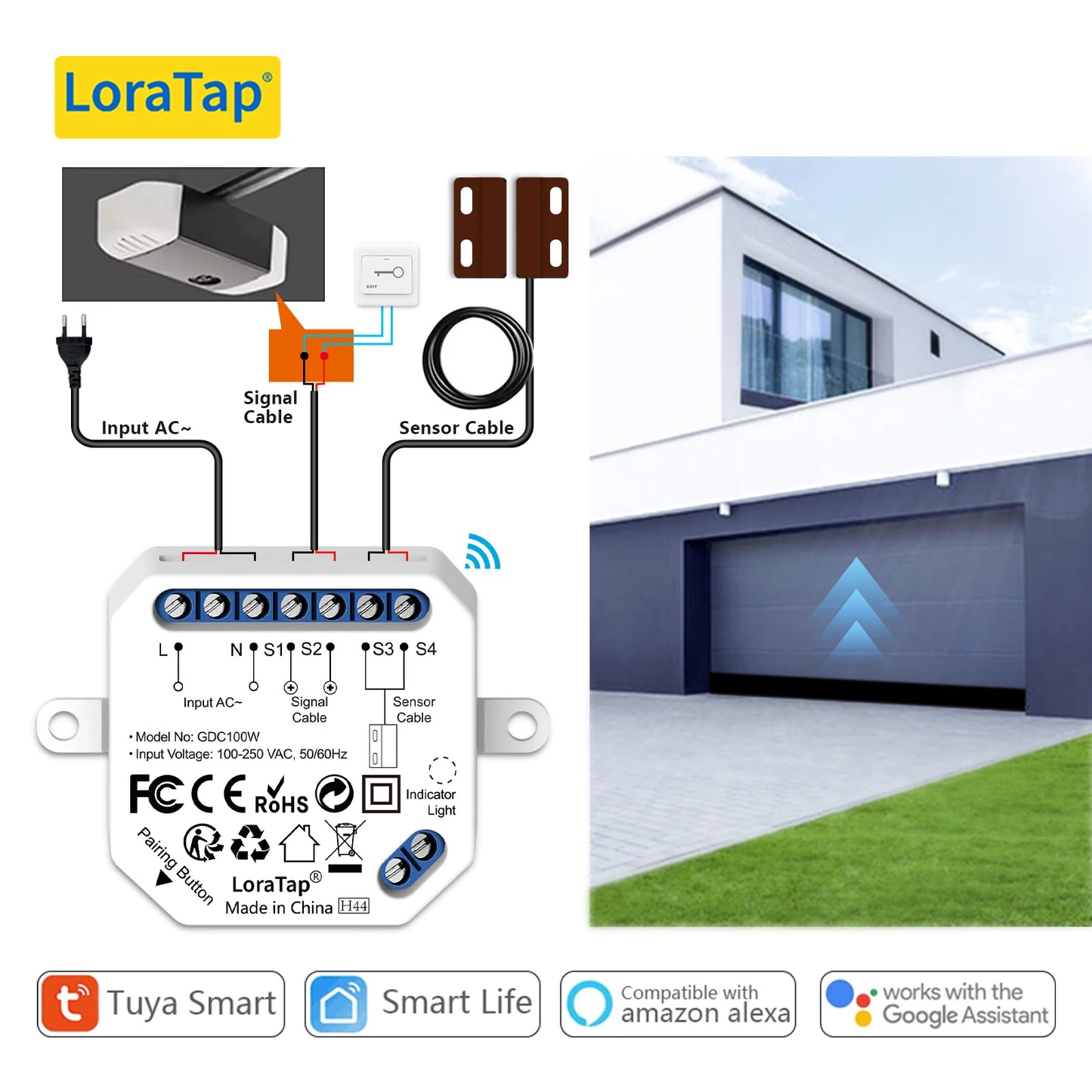 LoraTap WiFi Garage Door Opener Control Wired Sensor Contacts Tuya Smart Life Remote Control Work with Google Assistant Alexa - Home Smart Direct