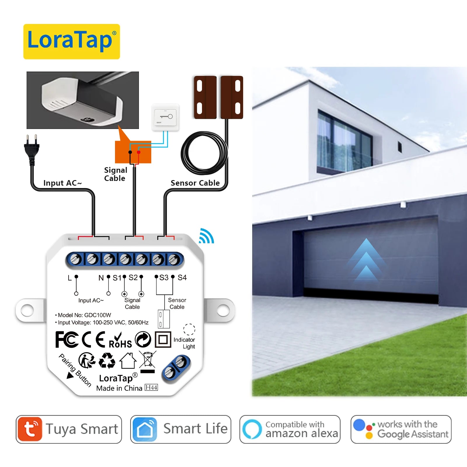 LoraTap WiFi Garage Door Opener Control Wired Sensor Contacts Tuya Smart Life Remote Control Work with Google Assistant Alexa - Home Smart Direct