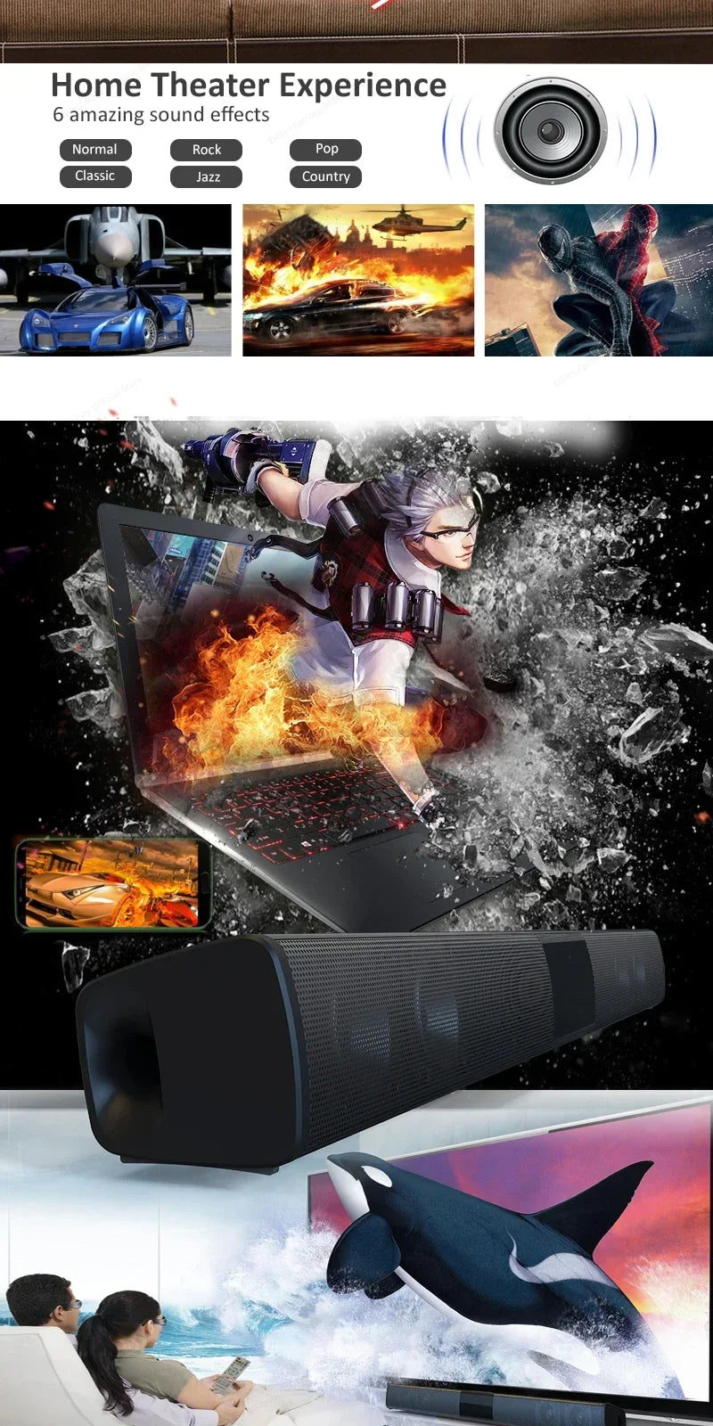 Wireless Bluetooth Sound Bar Wall Mounted Home Theater Speaker - Home Smart Direct