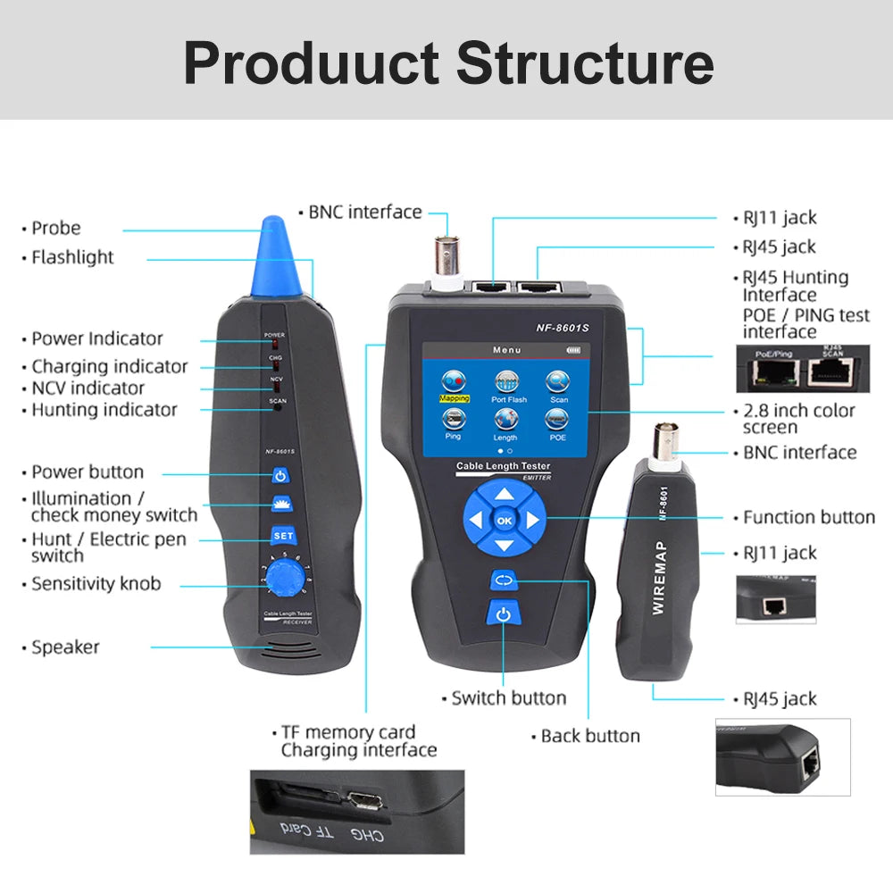 NOYAFA NF-8601S Multifunction TDR Ethernet Cable Tester RJ45 RJ11 BNC PoE