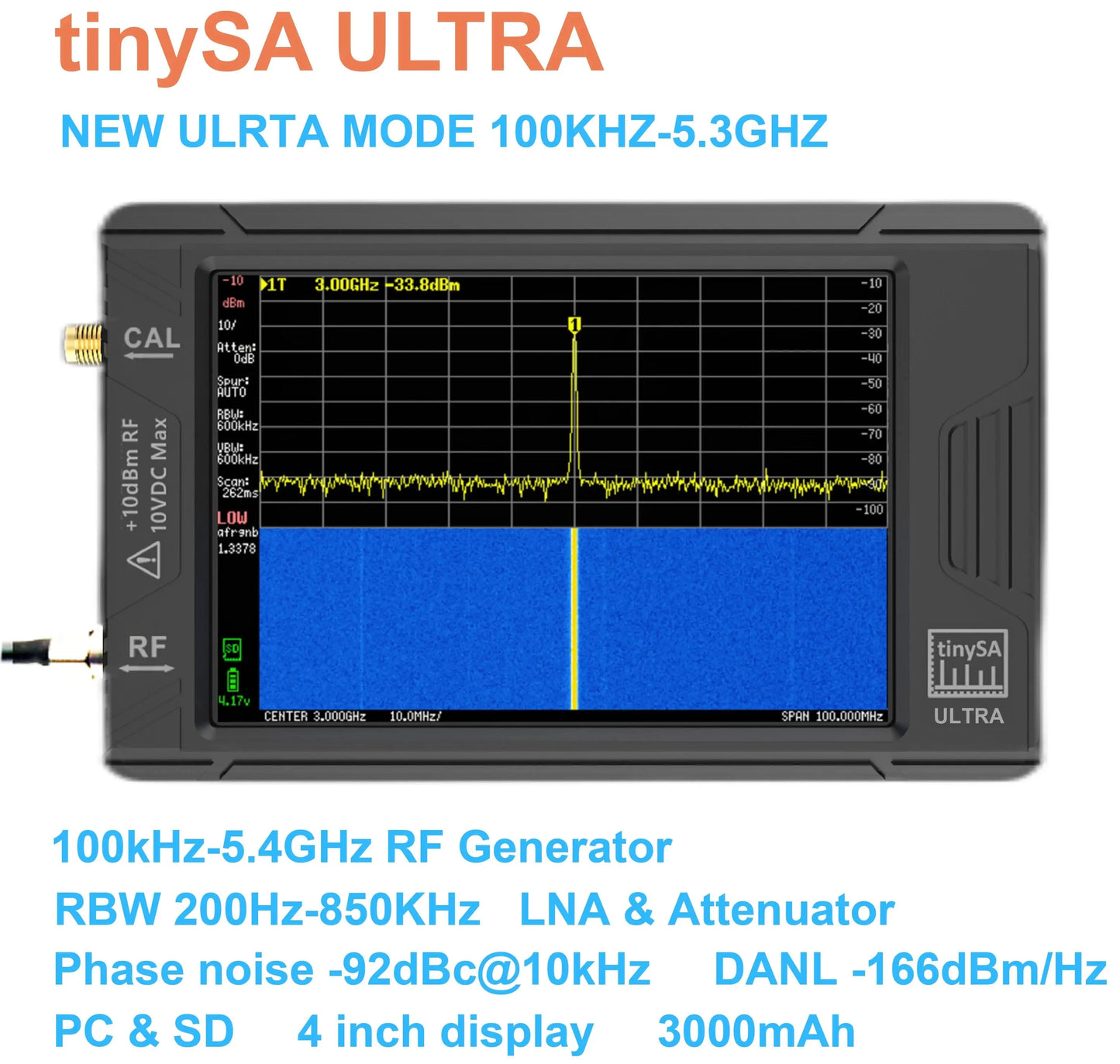 Tiny Spectrum Analyzer Ultra 4 Inch Display 100kHz to 5.3GHz with SD Card
