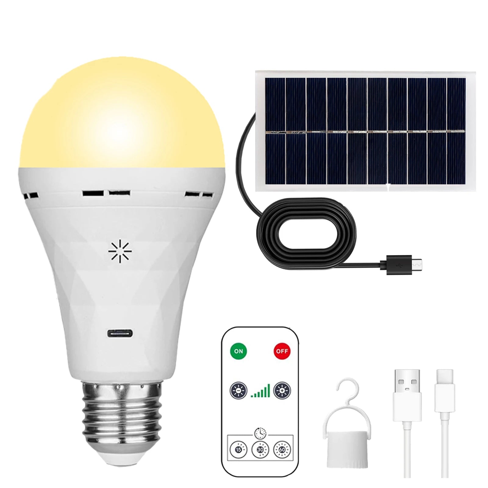 Rechargeable LED Light Bulb with Remote and Solar Panel for Camping - Home Smart Direct