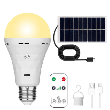 Rechargeable LED Light Bulb with Remote and Solar Panel for Camping - Home Smart Direct