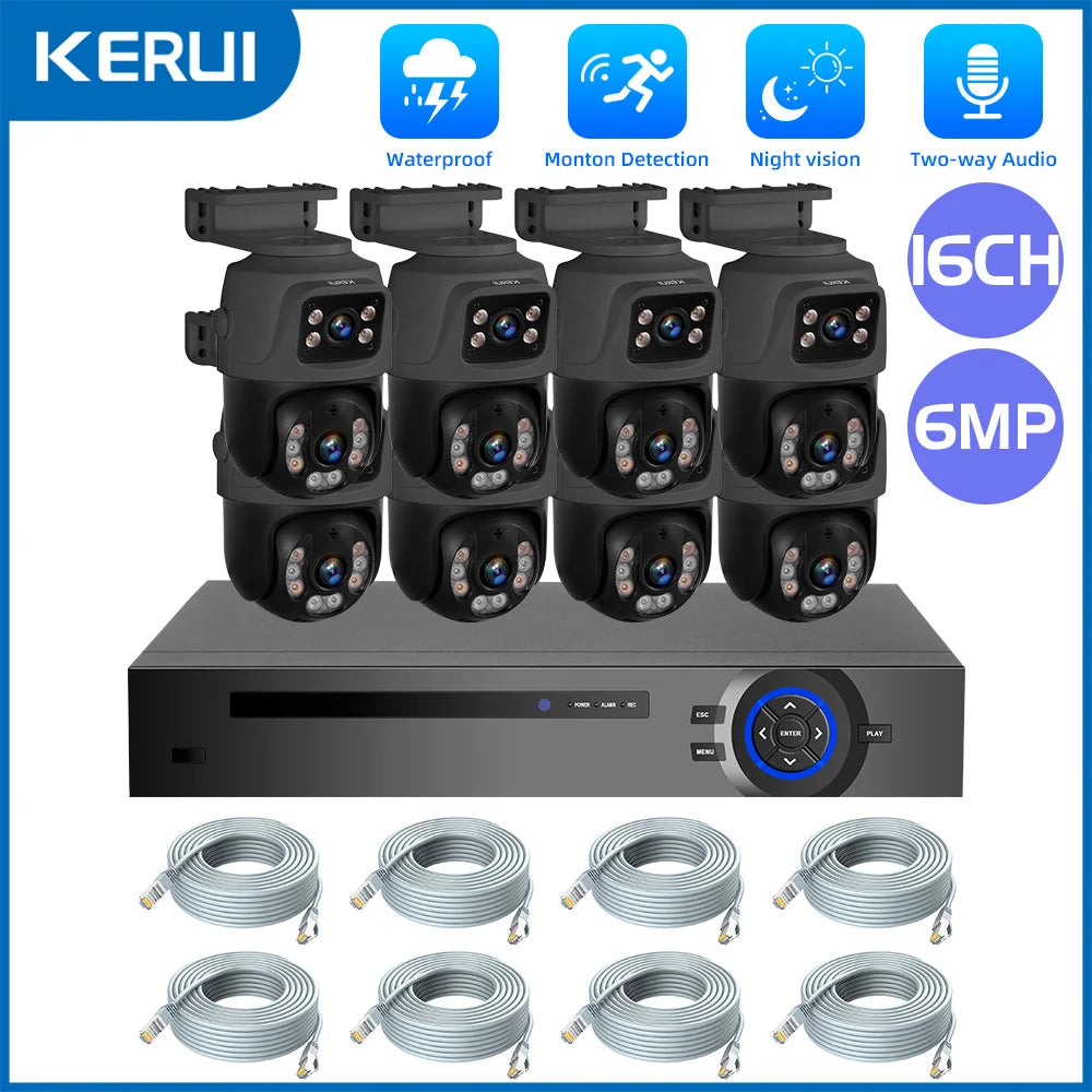 KERUI 6MP POE Surveillance System Dual Lens PTZ POE Security Camera System 16CH NVR Video Surveillance Kit XMEYE Two Way Audio - Home Smart Direct