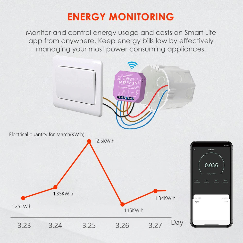 LoraTap Tuya Smart Life ZigBee WiFi Light Switch Module Dimmer Energy Monitor App Remote Control Alexa Google Home Voice Control - Home Smart Direct