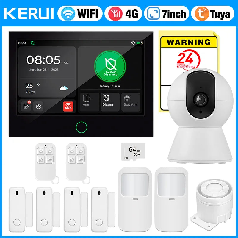 KERUI 4G/WiFi Home Alarm System with 7 Inch Touch Screen Tuya Smart Wireless Home Burglar Alarm with Motion Detector Door Sensor - Home Smart Direct
