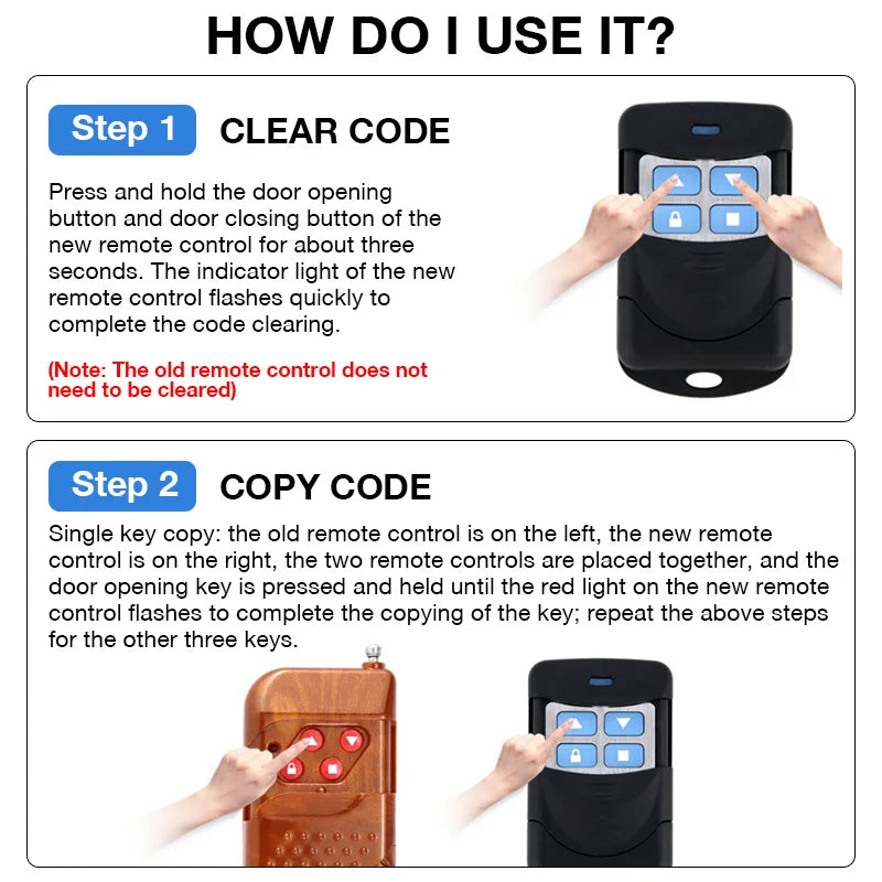 433MHz Remote Control Duplicator with 4 Buttons Smart Copy Remote Control for Electric Garage Door Gate Opener Remote Cloning - Home Smart Direct