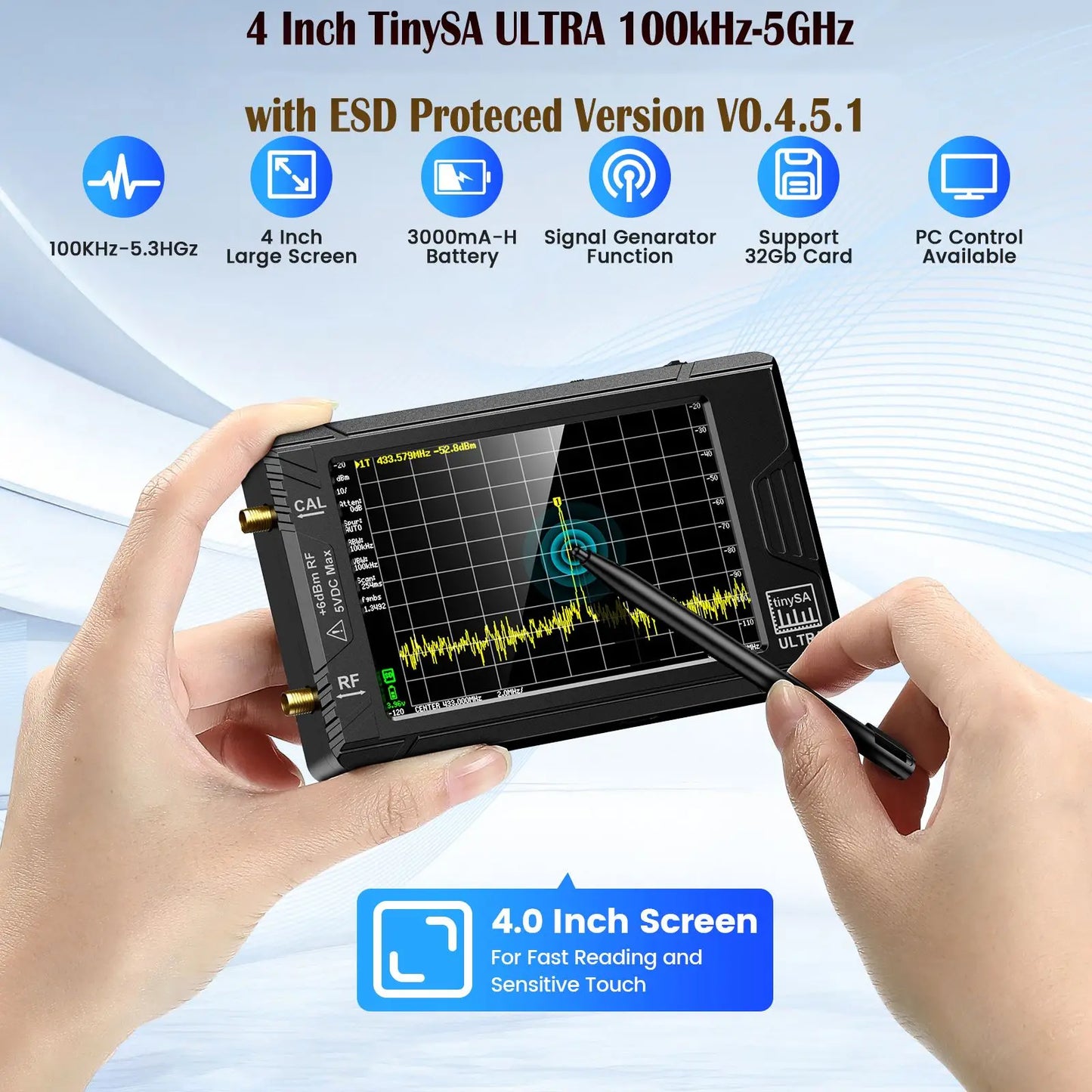 Tiny Spectrum Analyzer Ultra 4 Inch Display 100kHz to 5.3GHz with SD Card