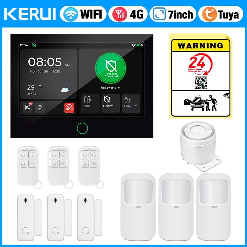 KERUI 4G+WiFi Burglary Protection Alarm System with 7 inch IPS Touch Screen Tuya Smart Home Alarm for House Apartment Security - Home Smart Direct