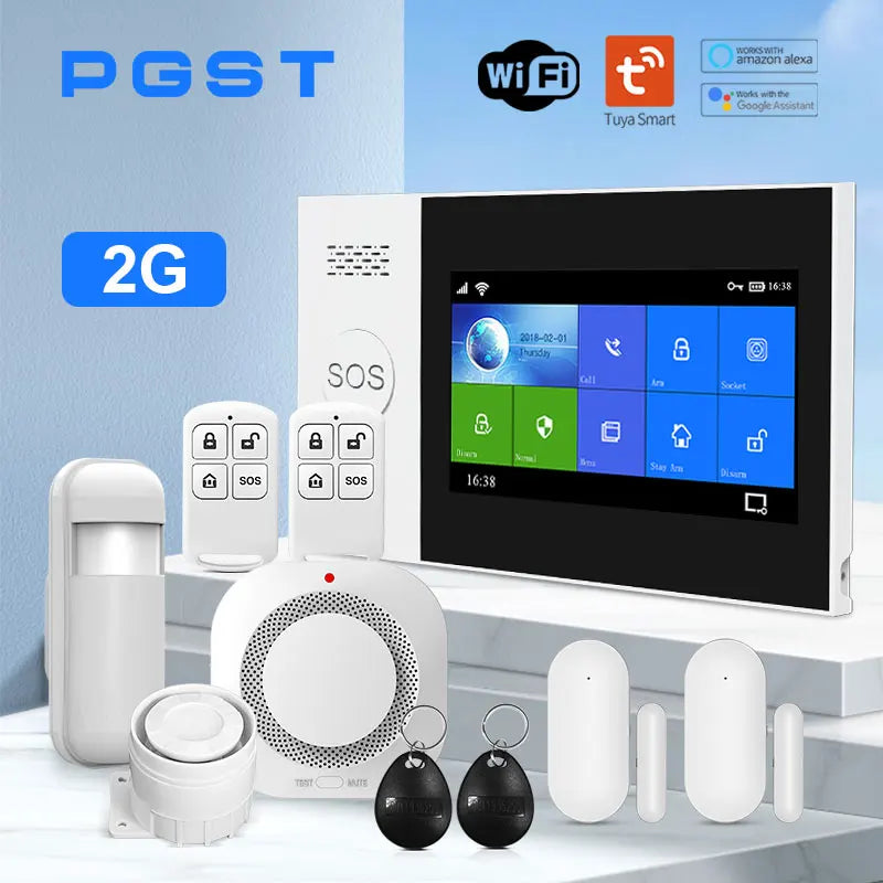 PGST PG107 Tuya Alarm System 4.3 inch Screen WIFI GSM GPRS Burglar Home Security With PIR Motion Sensor Fire Smoke Detector - Home Smart Direct